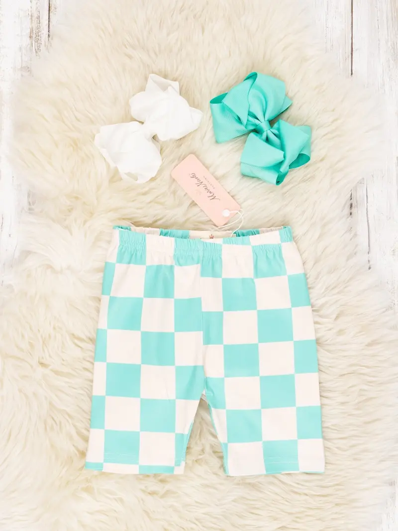 Aqua Checkered Full-Length Biker Shorts 1