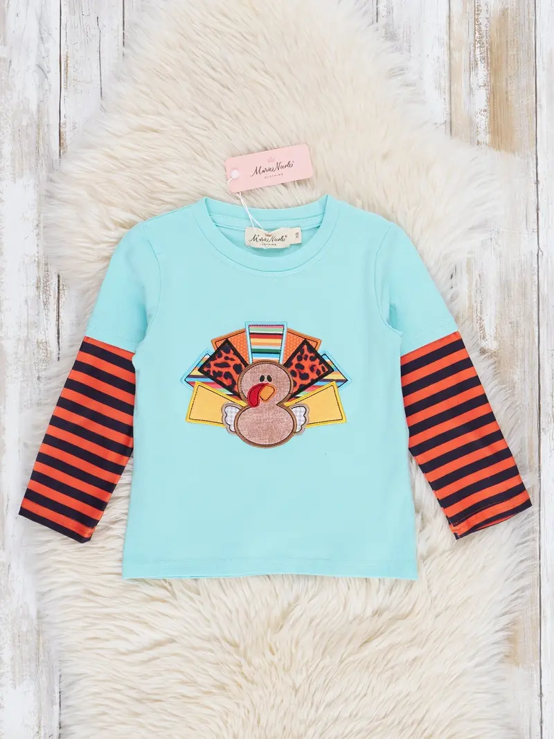 Aqua Turkey Embroidered Striped Raglan Top 1