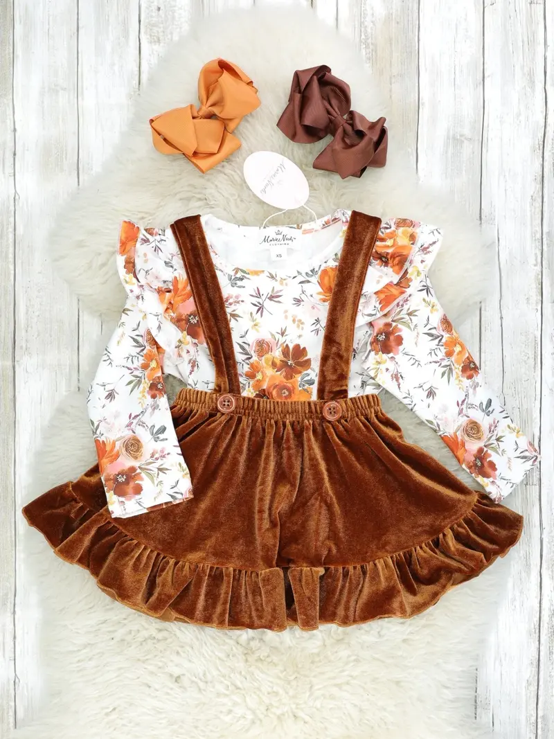 Autumn Floral Ruffle Top With Velvet Suspender Skirt 1