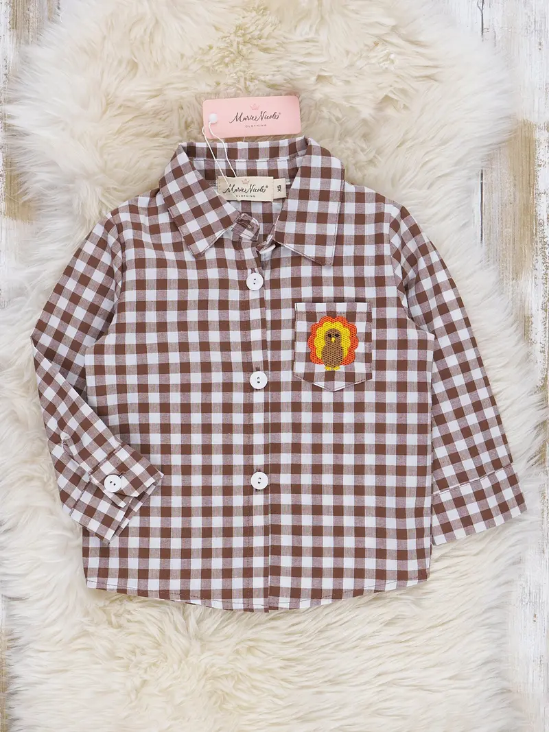 Autumn Gingham Button-Down Shirt With Embroidered Turkey 1