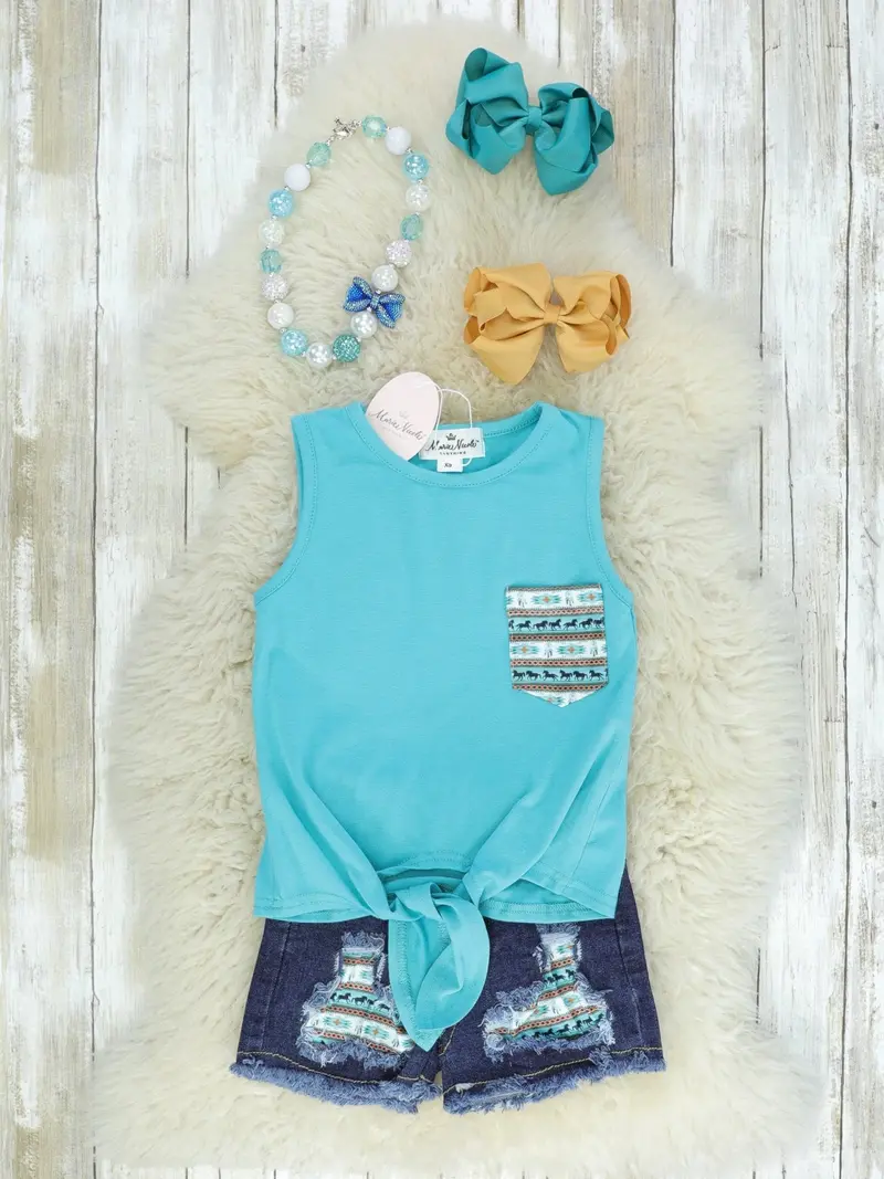 Aztec-Print Teal Tank & Denim Shorts Outfit 1