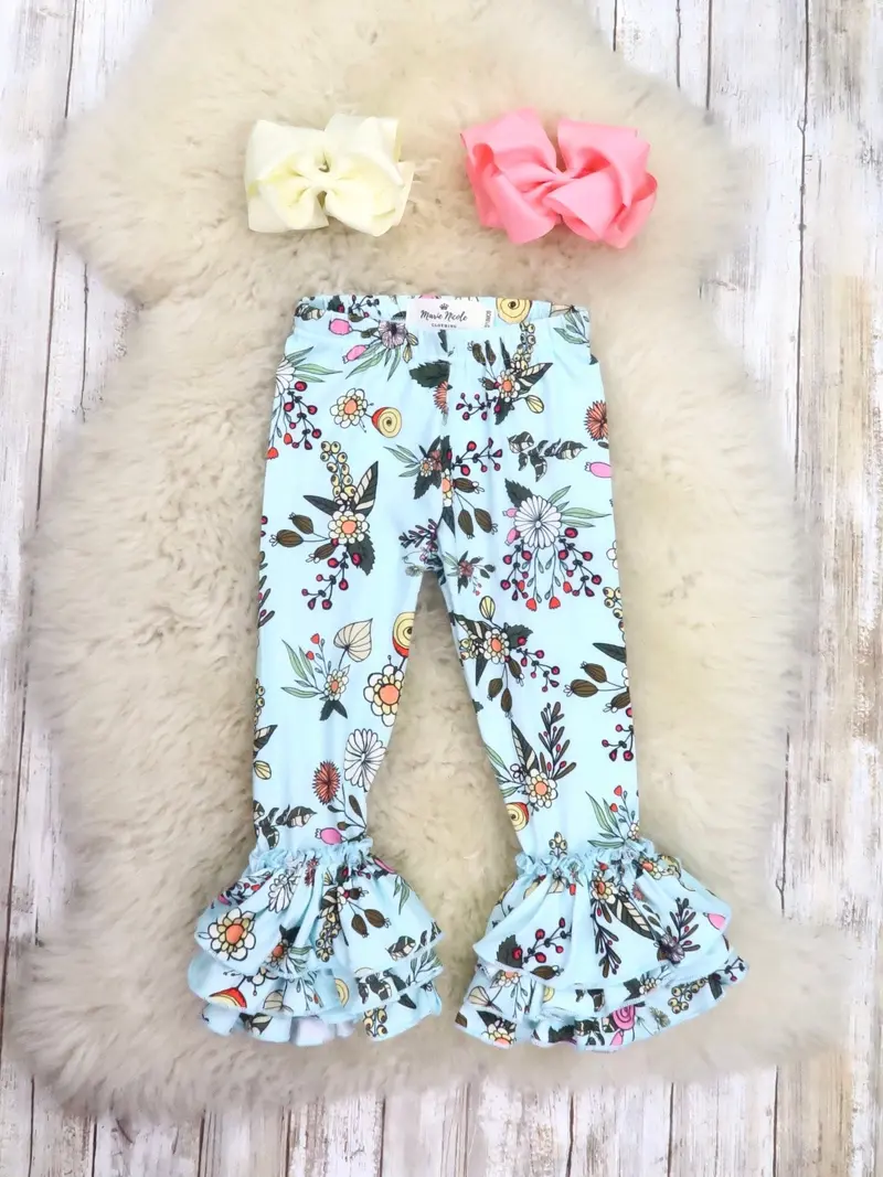 Baby Blue Floral Tulip Ruffle Leggings For Fall 1