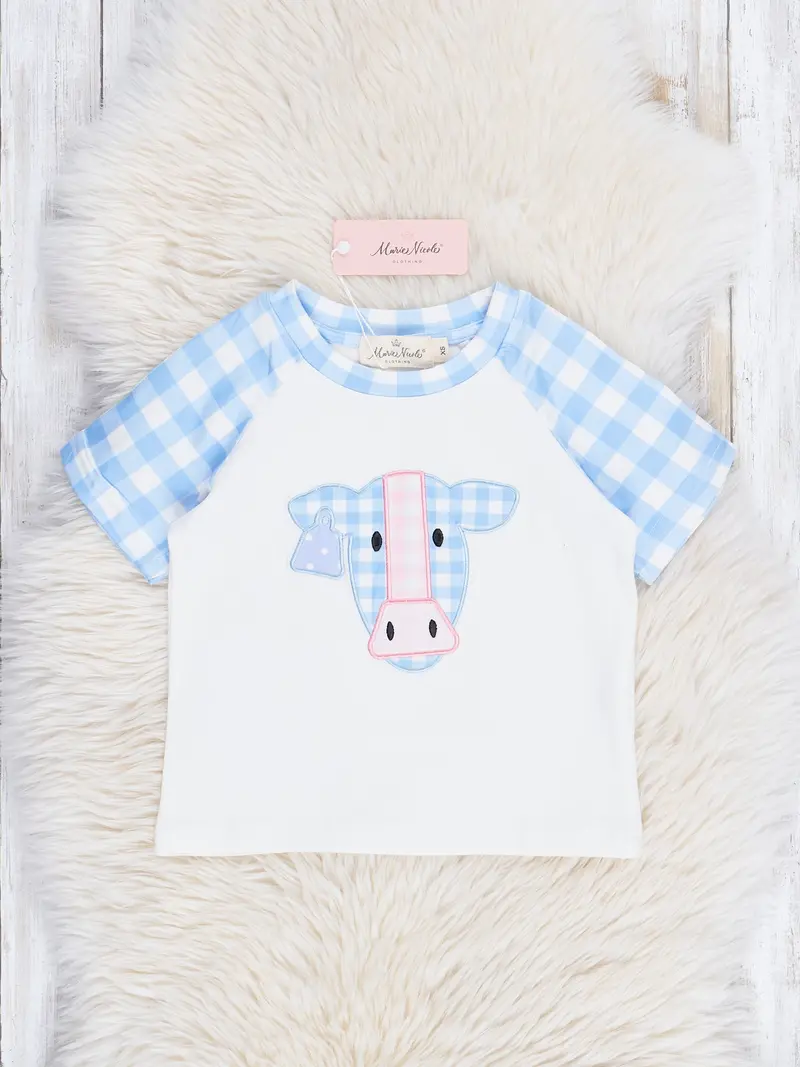 Baby Blue Gingham Raglan Shirt With Cow Motif 1