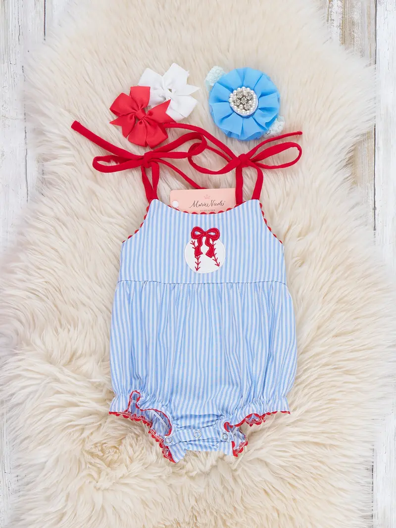 Baseball Dream Bow Embroidered Cotton Bubble Romper 1