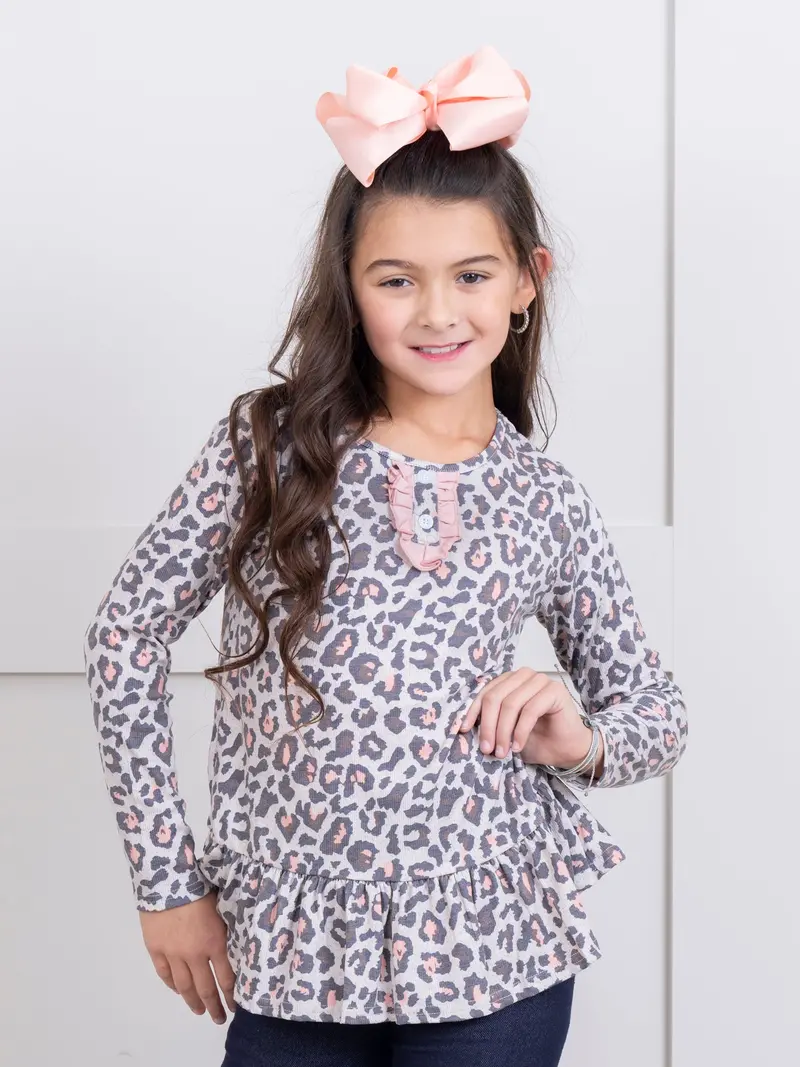 Beige Leopard-Print Ruffle Peplum Top 1