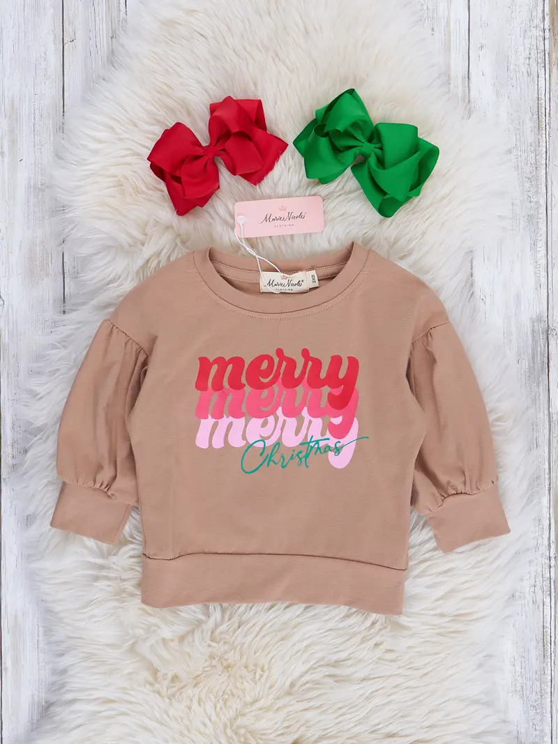 Beige Merry Christmas Puff Sleeve Top For Girls 1