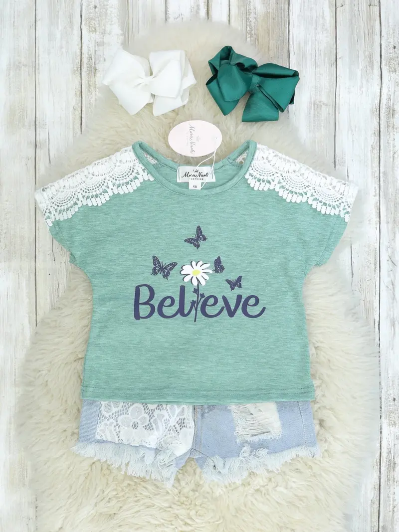 "Believe" Graphic Top With Distressed Denim Set 1