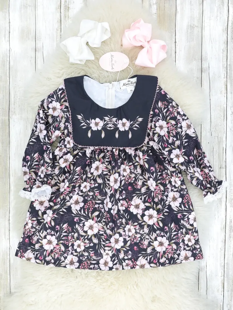 Black And Pink Floral Bib-Collar Dress 1