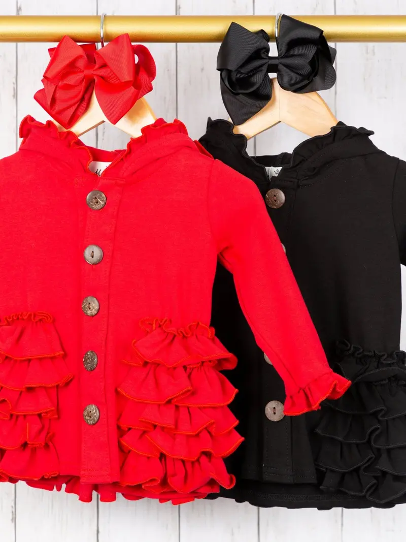 Black-And-Red Cotton Hooded Cardigan With Ruffle Trim 1