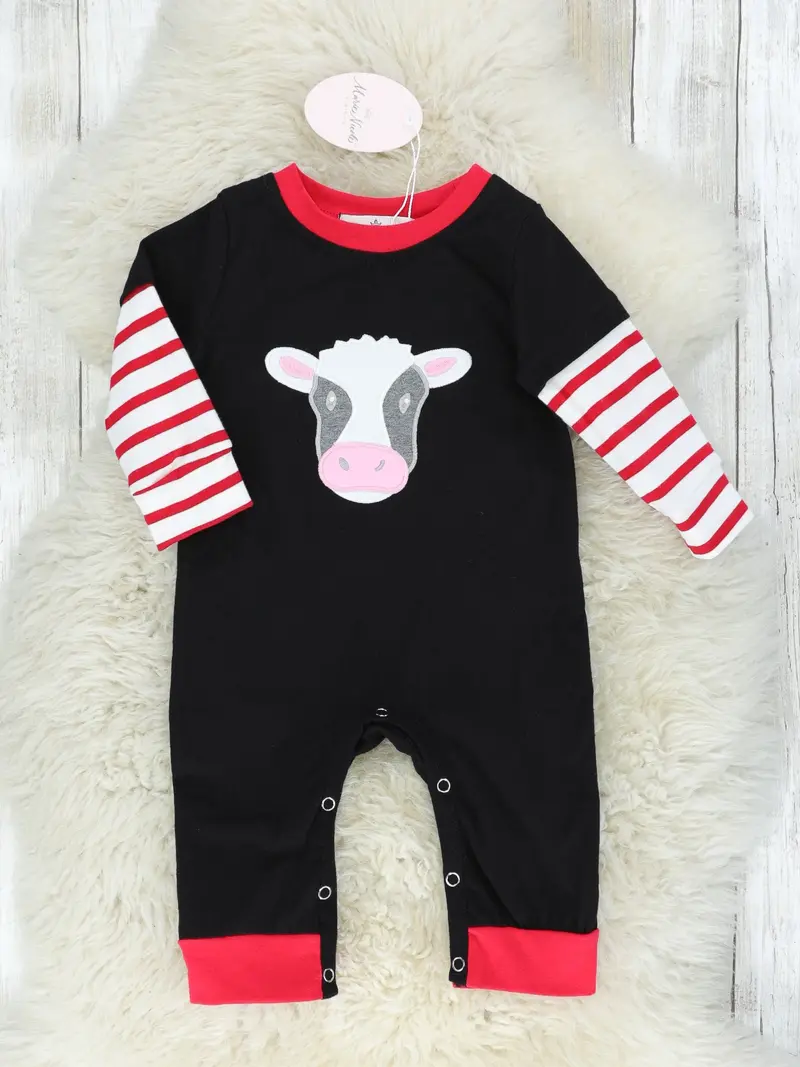 Black And Red Striped Cow Print Romper For Infants 1