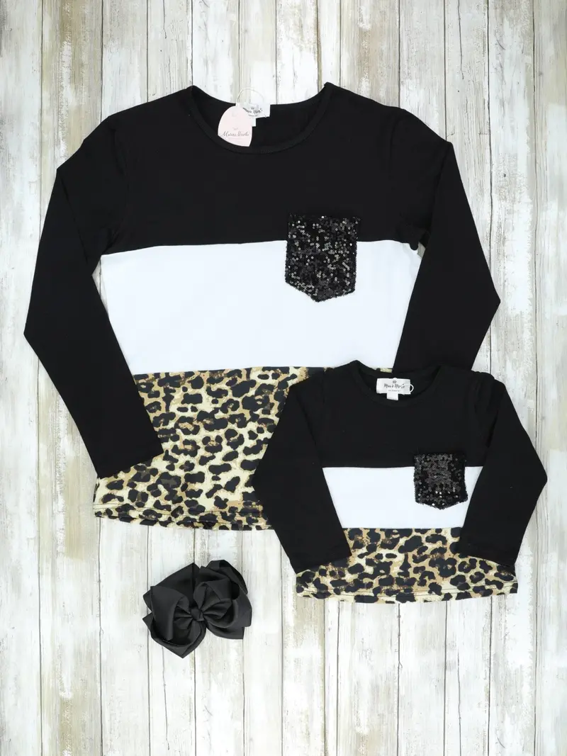 Black-And-White Leopard Colorblock Sequin Pocket Tee – Mom & Me