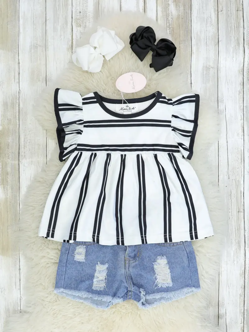 Black-And-White Striped Top With Distressed Denim Bottoms 1