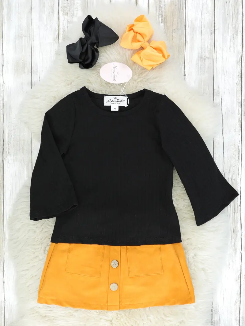 Black Bell Sleeve Blouse Paired With Mustard Suede Skirt 1