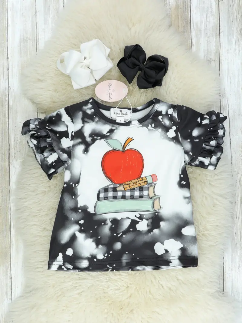 Black Bleach-Effect Apple Graphic Ruffle T-Shirt 1
