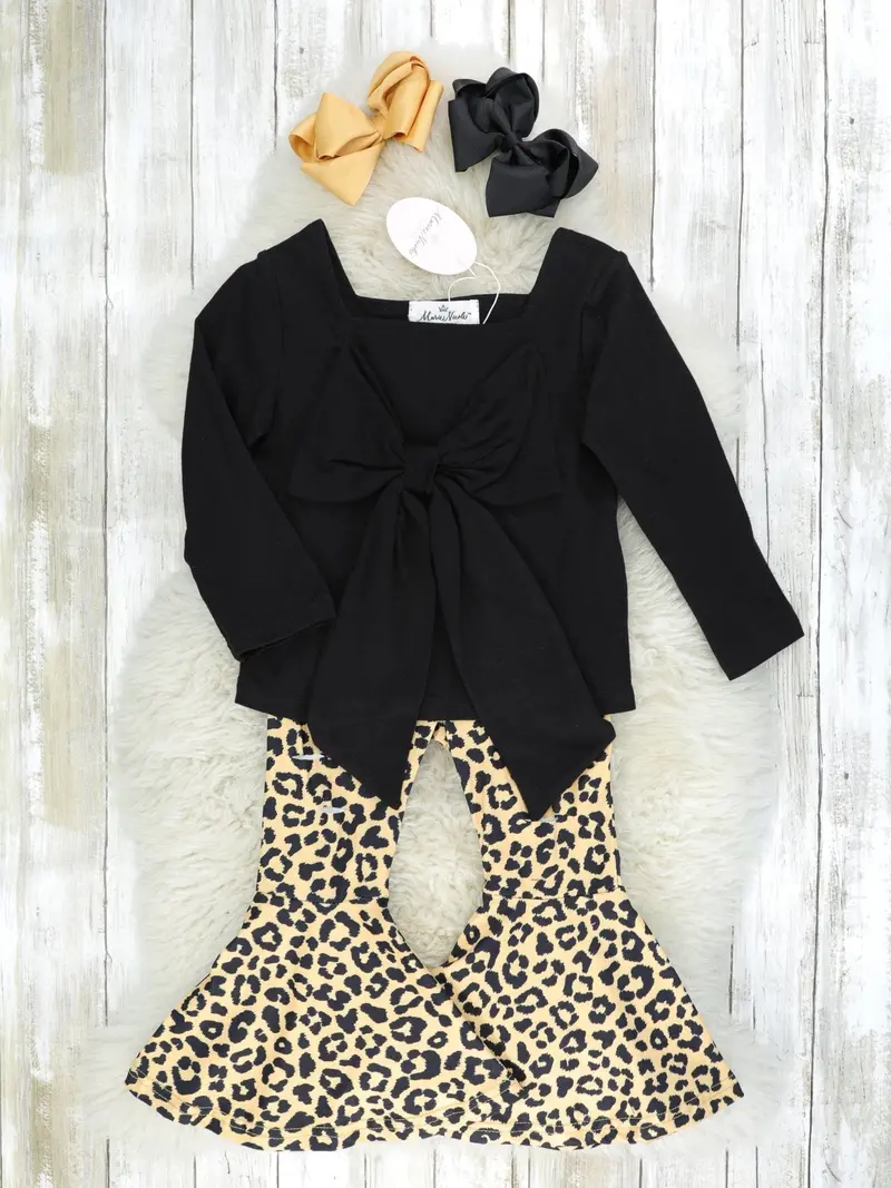 Black Bow Detail Top With Leopard-Print Bell Bottoms 1