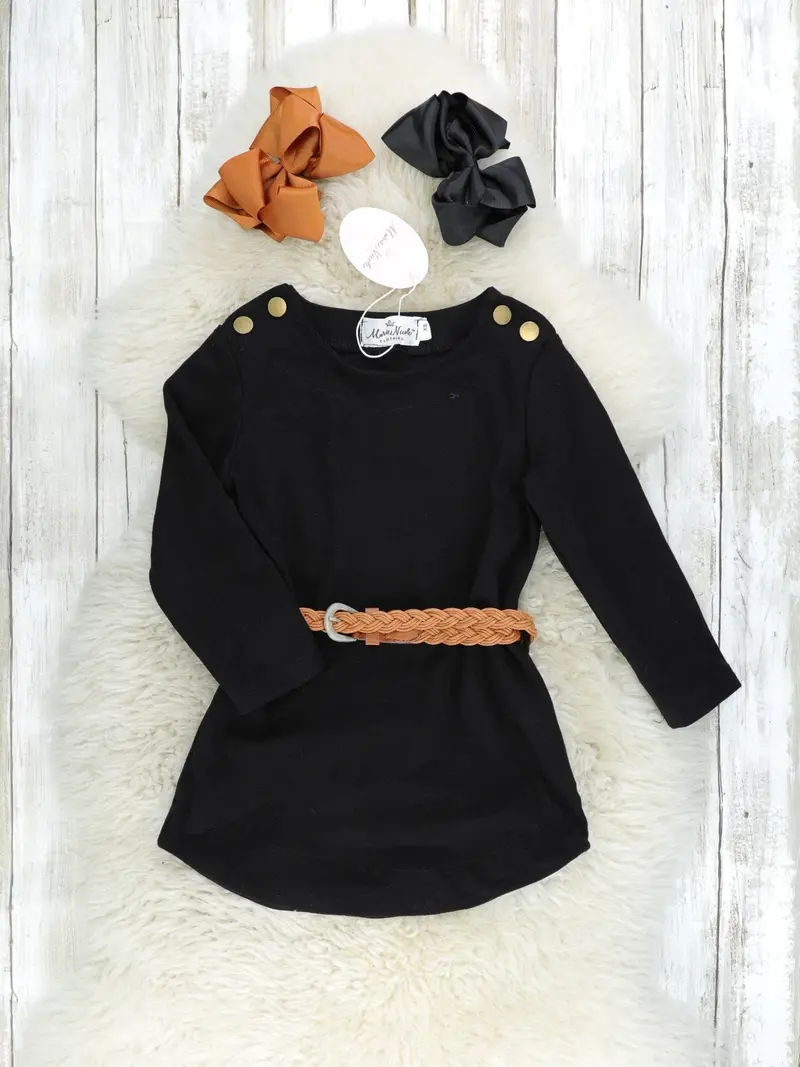 Black Button-Front Dress With Braided Belt – Mom & Daughter Matching Set 1
