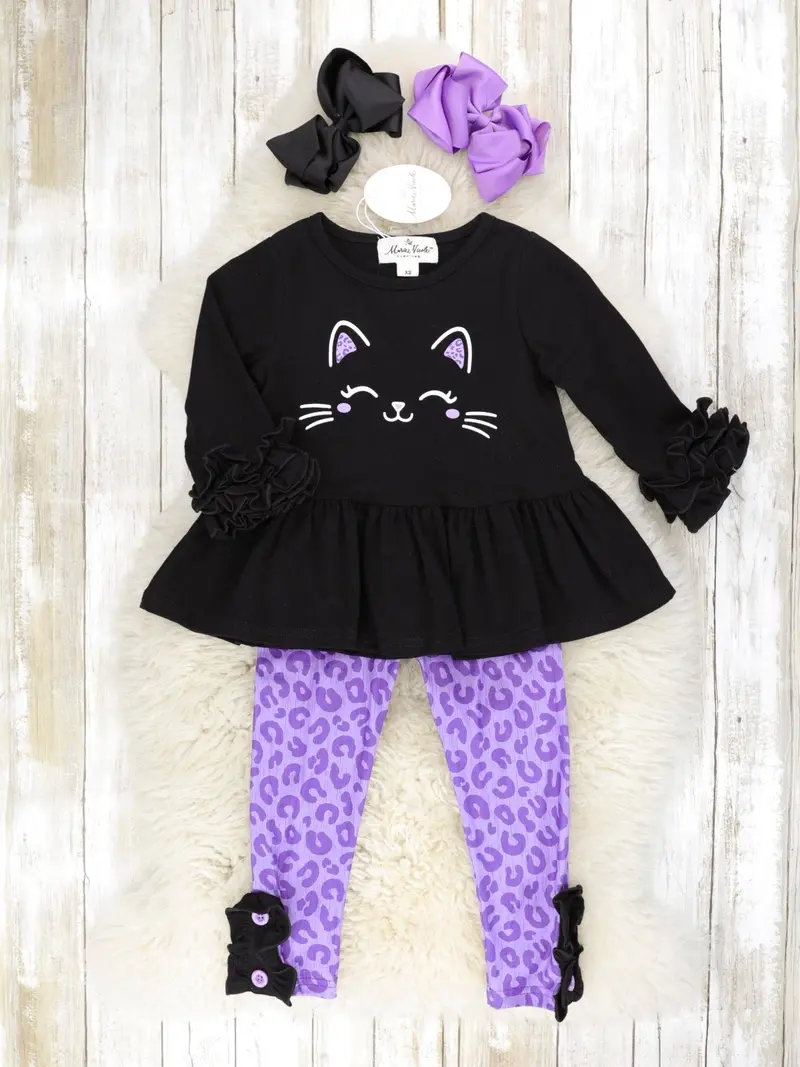 Black Cat Ruffle Peplum Top With Purple Leopard Print Bottoms 1