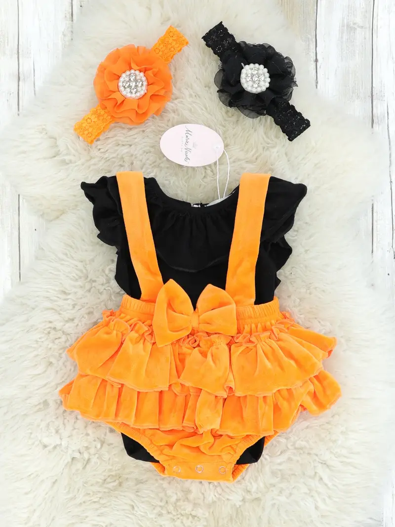 Black Ruffle Top With Orange Velvet Ruffle Overalls 1