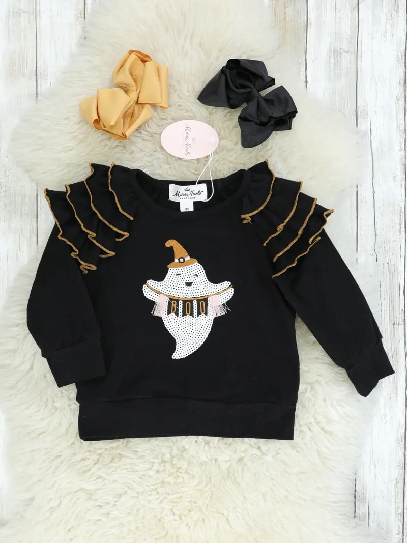 Black Sequin 'Boo' Ghost Graphic Ruffle Top 1