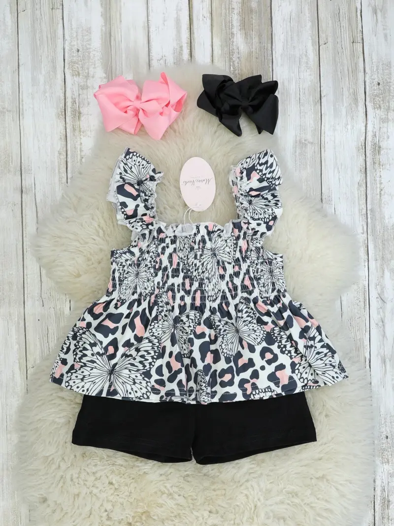 Black Smocked Leopard Butterfly Graphic Top With Shorts 1