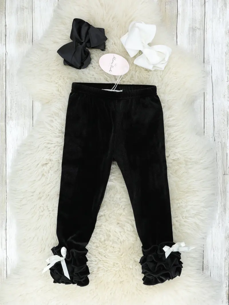 Black Velvet Ruffle-Leg Detail Leggings 1