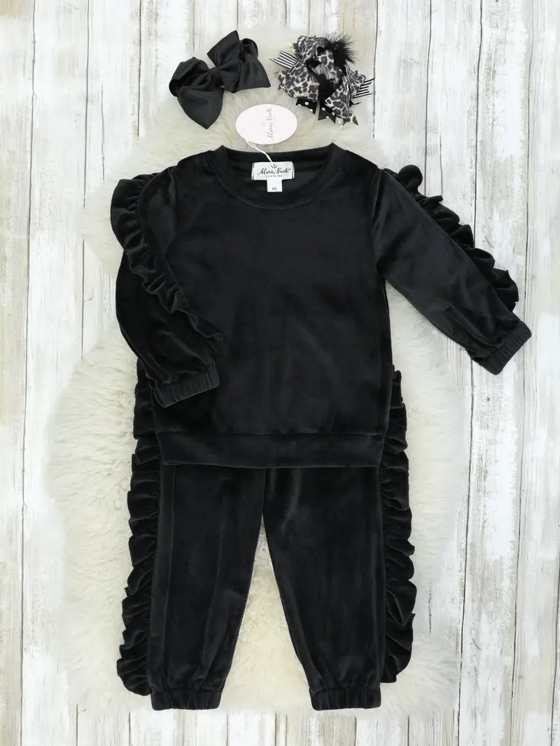Black Velvet Ruffle Pullover Paired With Matching Joggers 1