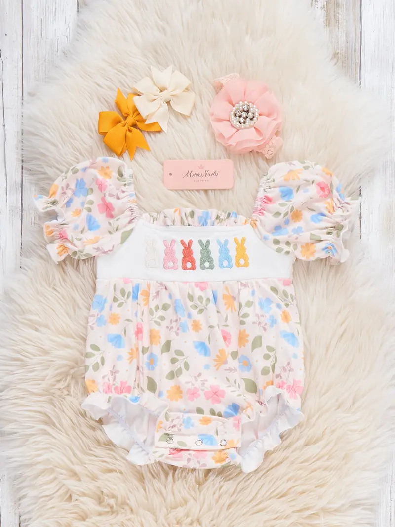 Blossom Hop Embroidered Ruffle Bubble Romper For Toddlers 1