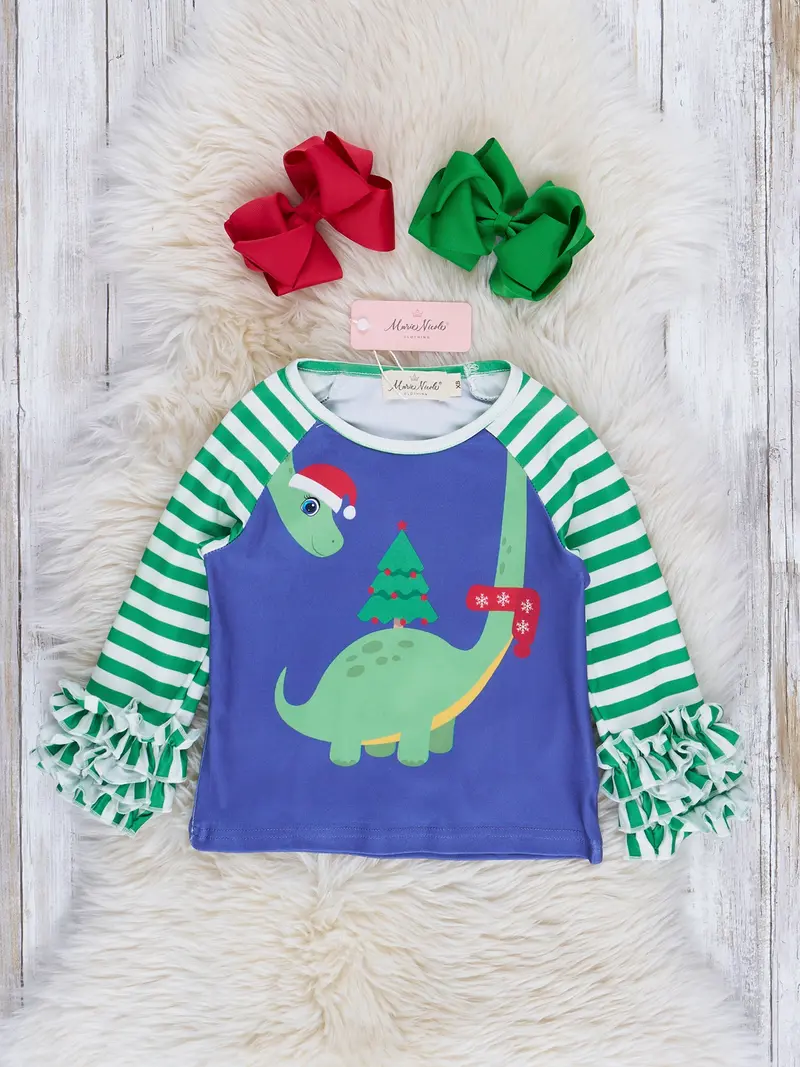 Blue And Green Dino Stripe Ruffle Top 1