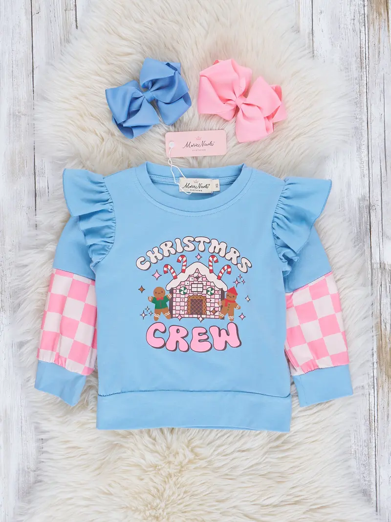 Blue And Pink Checkerboard Christmas Crew Ruffle Shirt 1