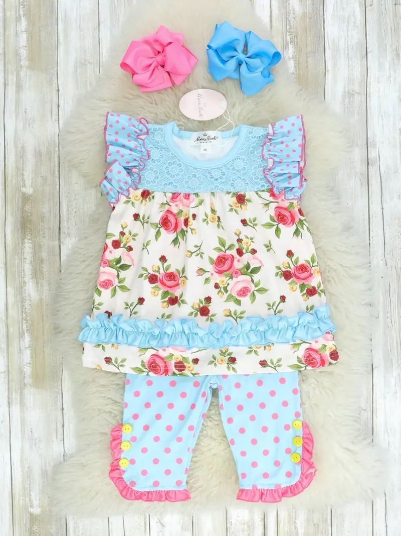 Blue And Pink Polka Dot Floral Capri Set 1