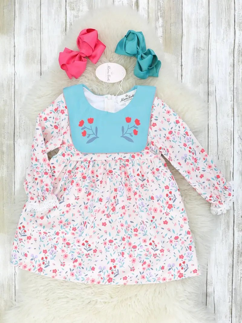 Blue And Red Floral Bib-Collar Dress For Girls 1