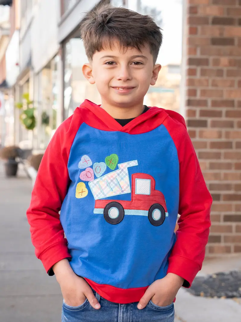 Blue And Red Raglan Candy Hearts Truck Hoodie For Kids 1