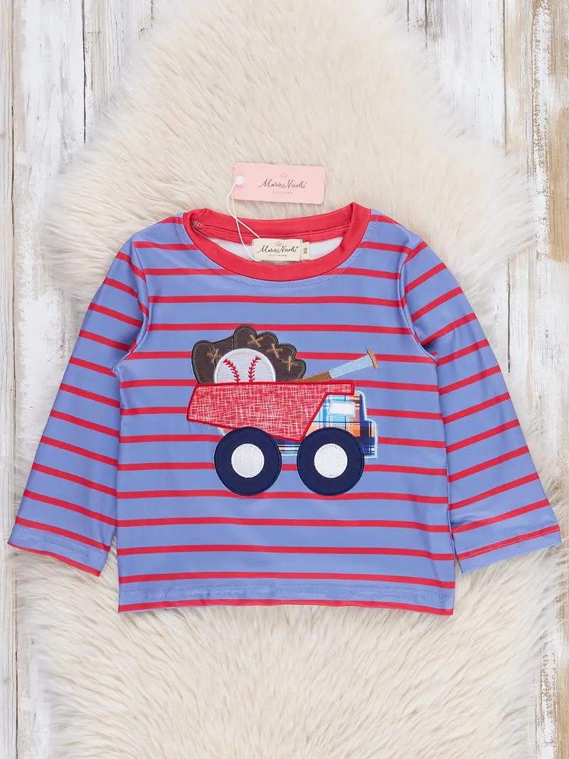 Blue And Red Striped Baseball Truck Graphic Tee 1