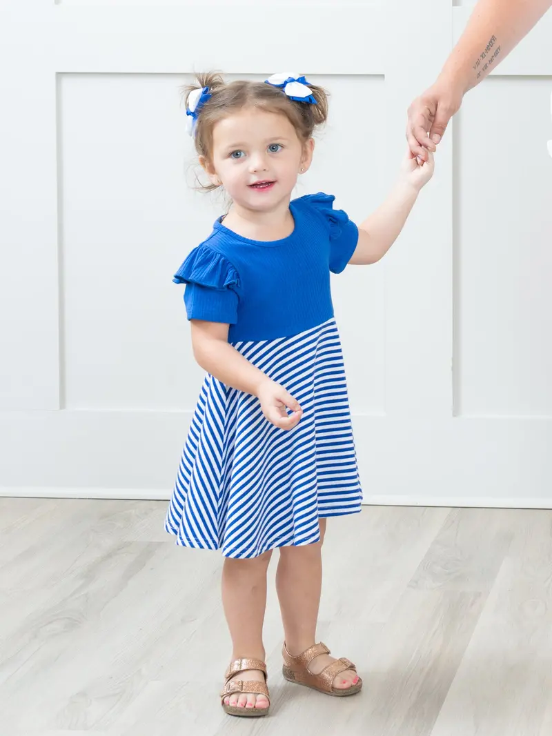 Blue And White Striped Ruffle Sleeve Dress 1
