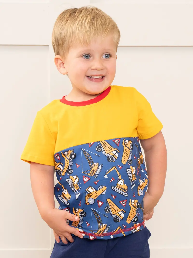 Blue And Yellow Construction-Themed Graphic Shirt 1
