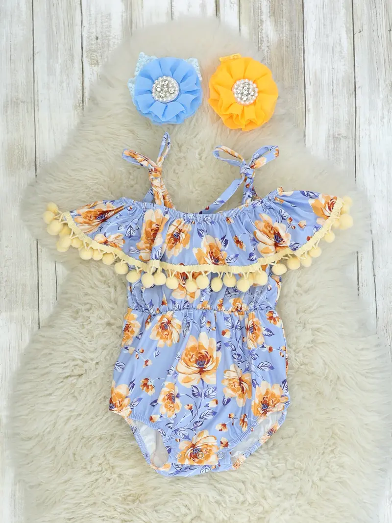 Blue And Yellow Floral Bubble Romper With Elastic Waist 1