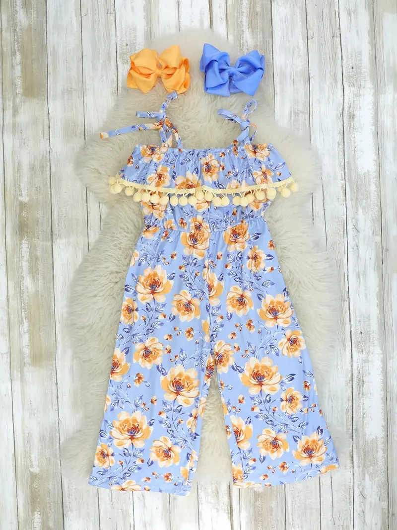 Blue And Yellow Floral Jumpsuit For Kids 1