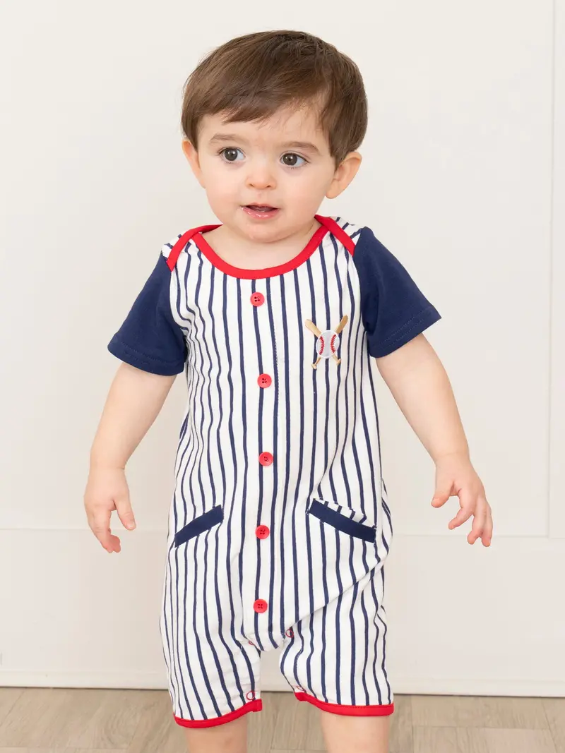 Blue Baseball Stripe Raglan Button-Up Romper 1