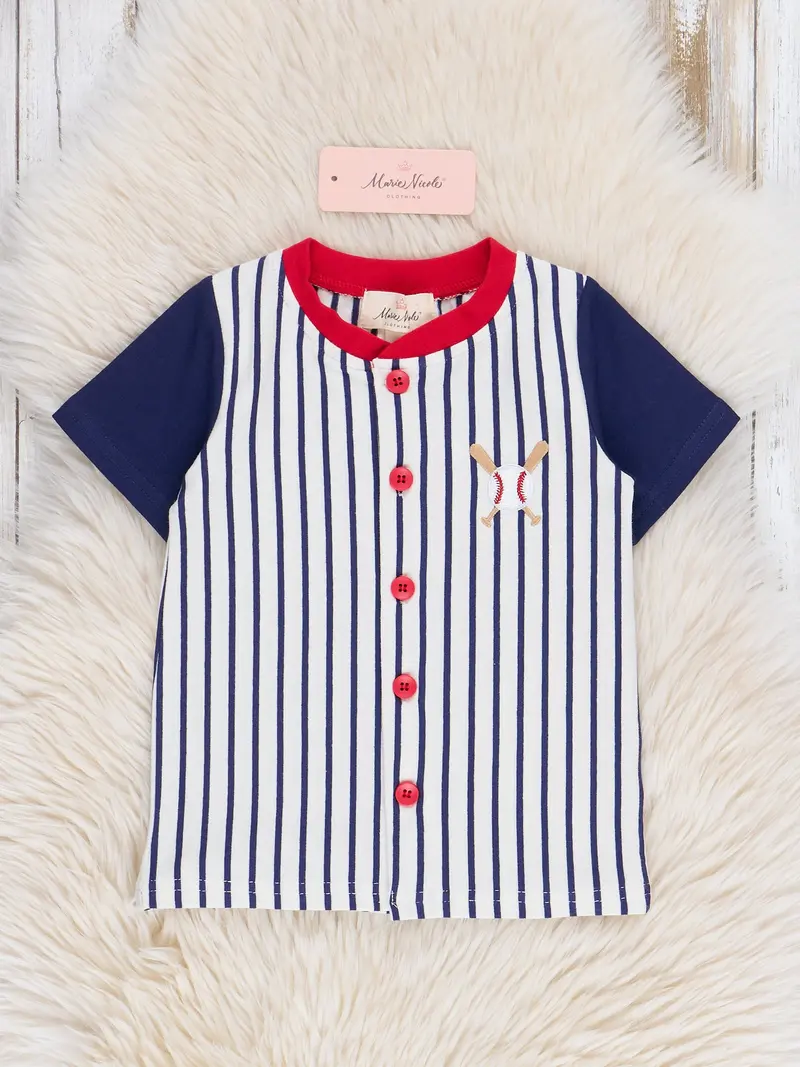 Blue Baseball Stripe Raglan Button-Up Shirt 1