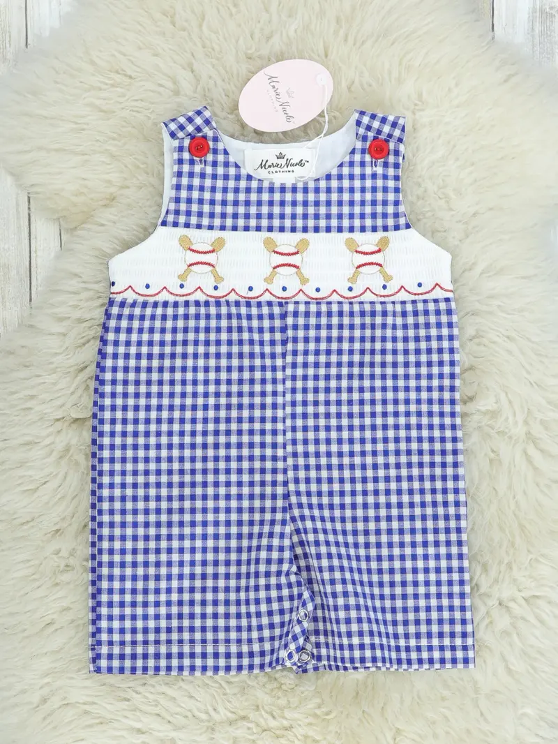 Blue Check Baseball-Style Smocked Johnny Romper 1