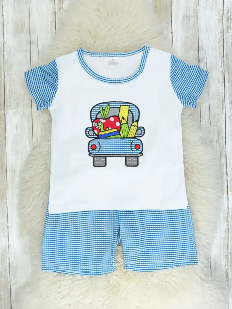 Blue Checkered School Bus Themed Outfit Set 1