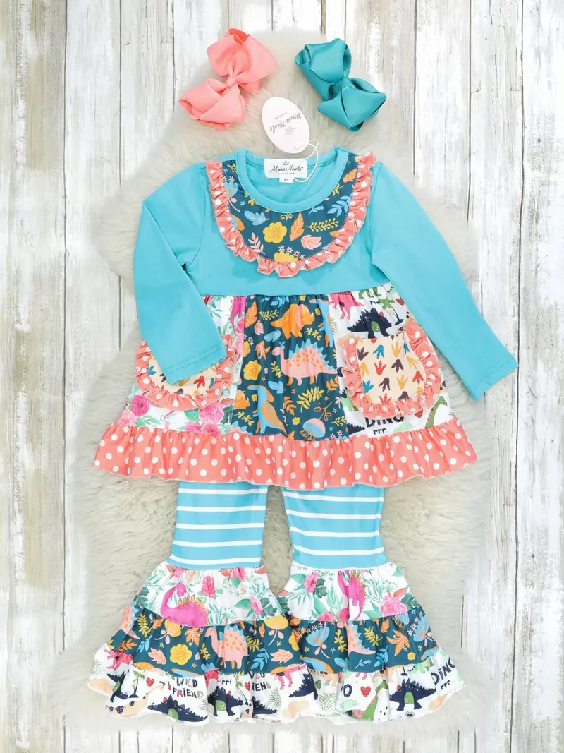 Blue Dinosaur Pocket Flara Bells Outfit 1