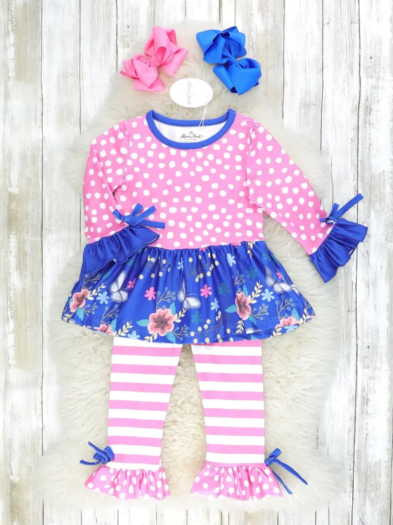 Blue Floral Butterfly Tunic Top And Pink Striped Bottoms Set 1