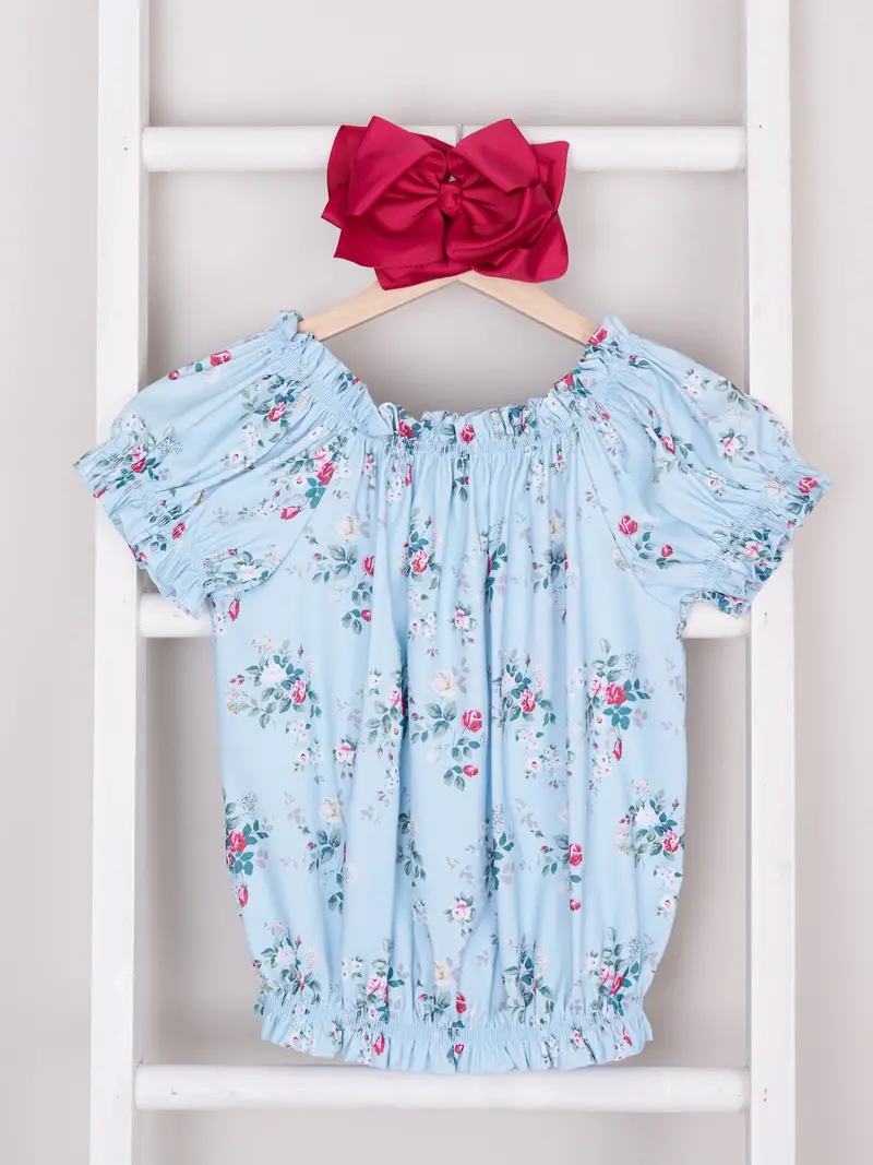 Blue Floral Ruffle Tie Top For Pre-Teens 1