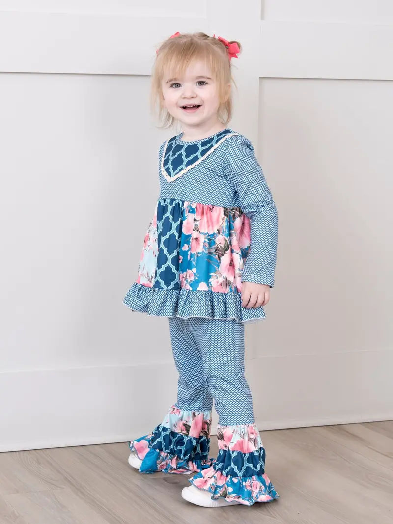 Blue Floral Ruffle Top With Moroccan-Inspired Bell Bottoms 1