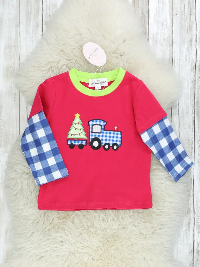 Blue Gingham Christmas Tree Truck Layered Top 1