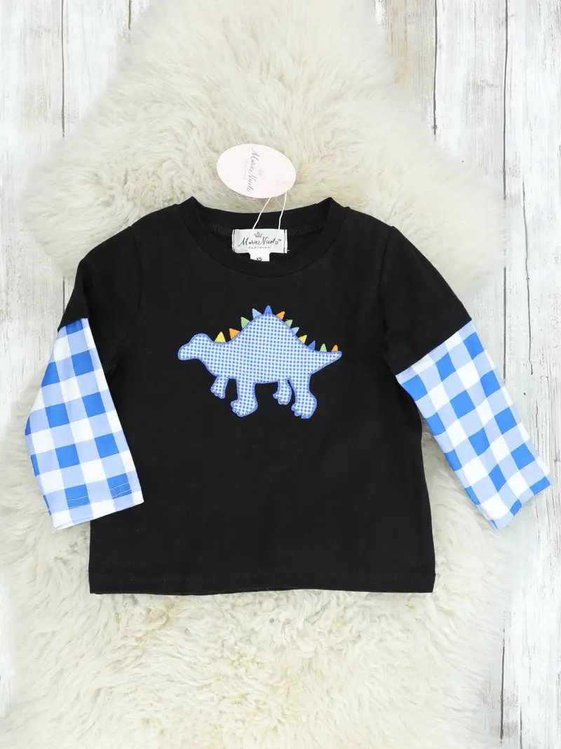Blue Gingham Dinosaur-Themed Long Sleeve Shirt 1
