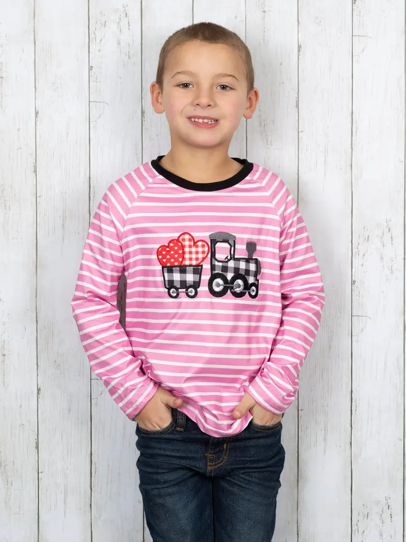 Blue Gingham Heart Train T-Shirt 1