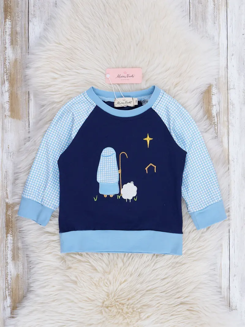 Blue Gingham Nativity Raglan Shirt For Christmas 1