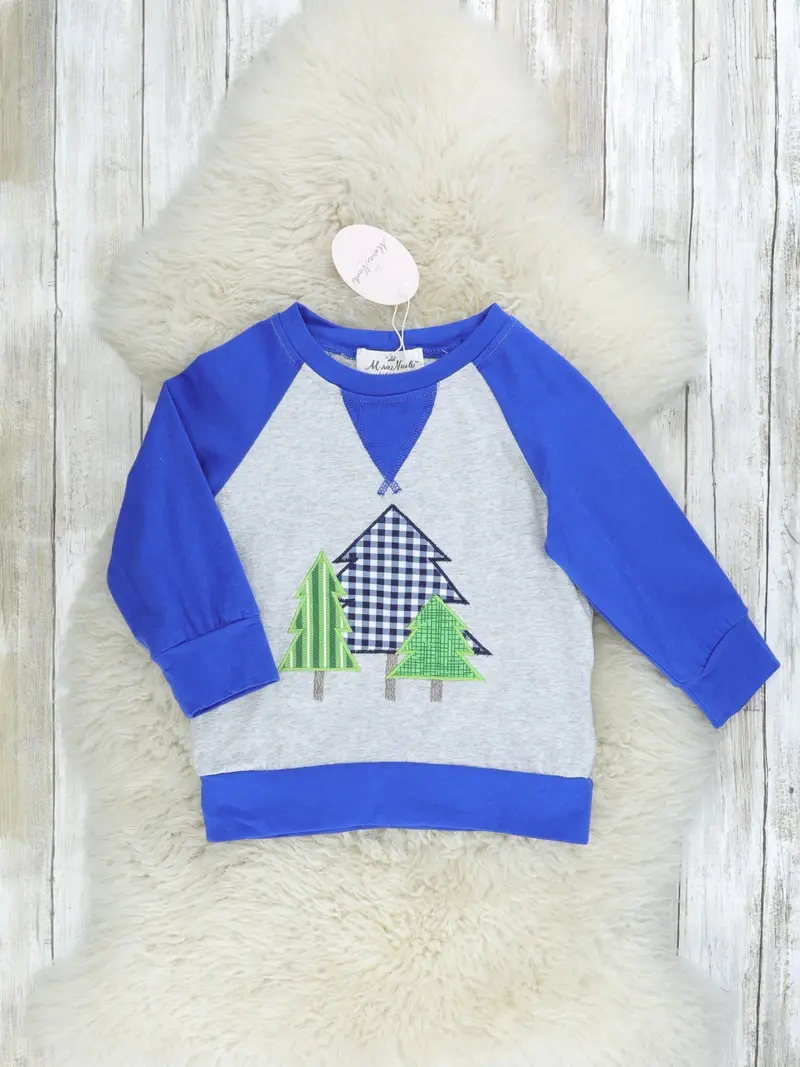 Blue Gingham Raglan Shirt Featuring Festive Tree Print 1
